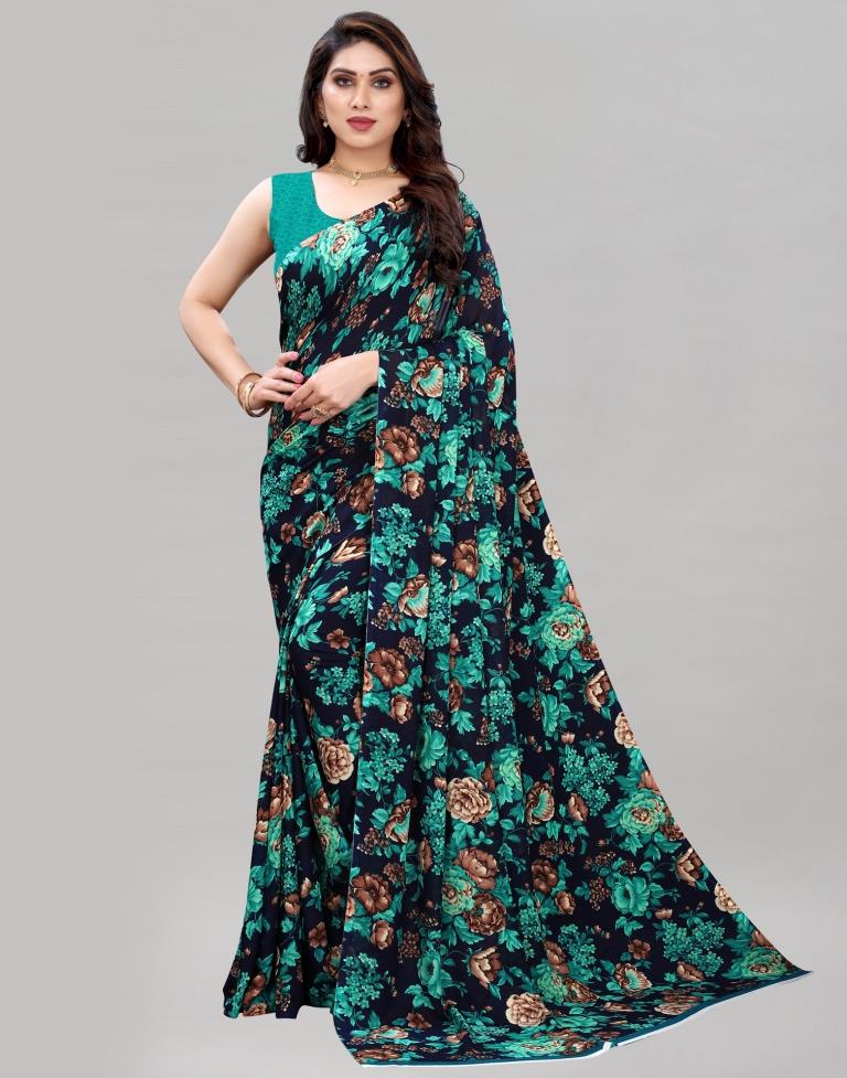 Navy Blue Printed Saree | Sudathi