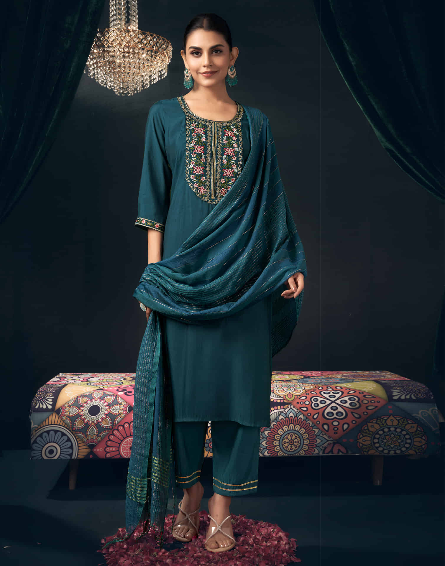 Rama Blue Silk Embroidery Straight Kurta Set with Dupatta