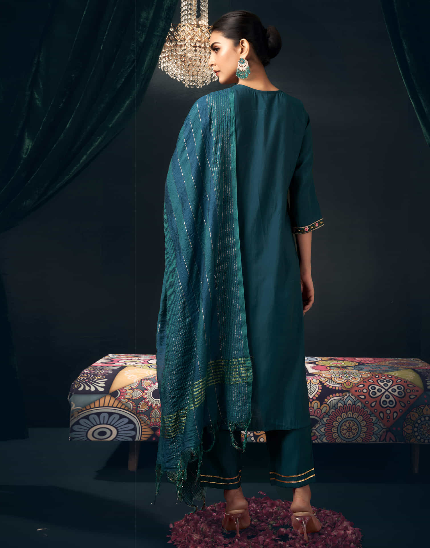 Rama Blue Silk Embroidery Straight Kurta Set with Dupatta