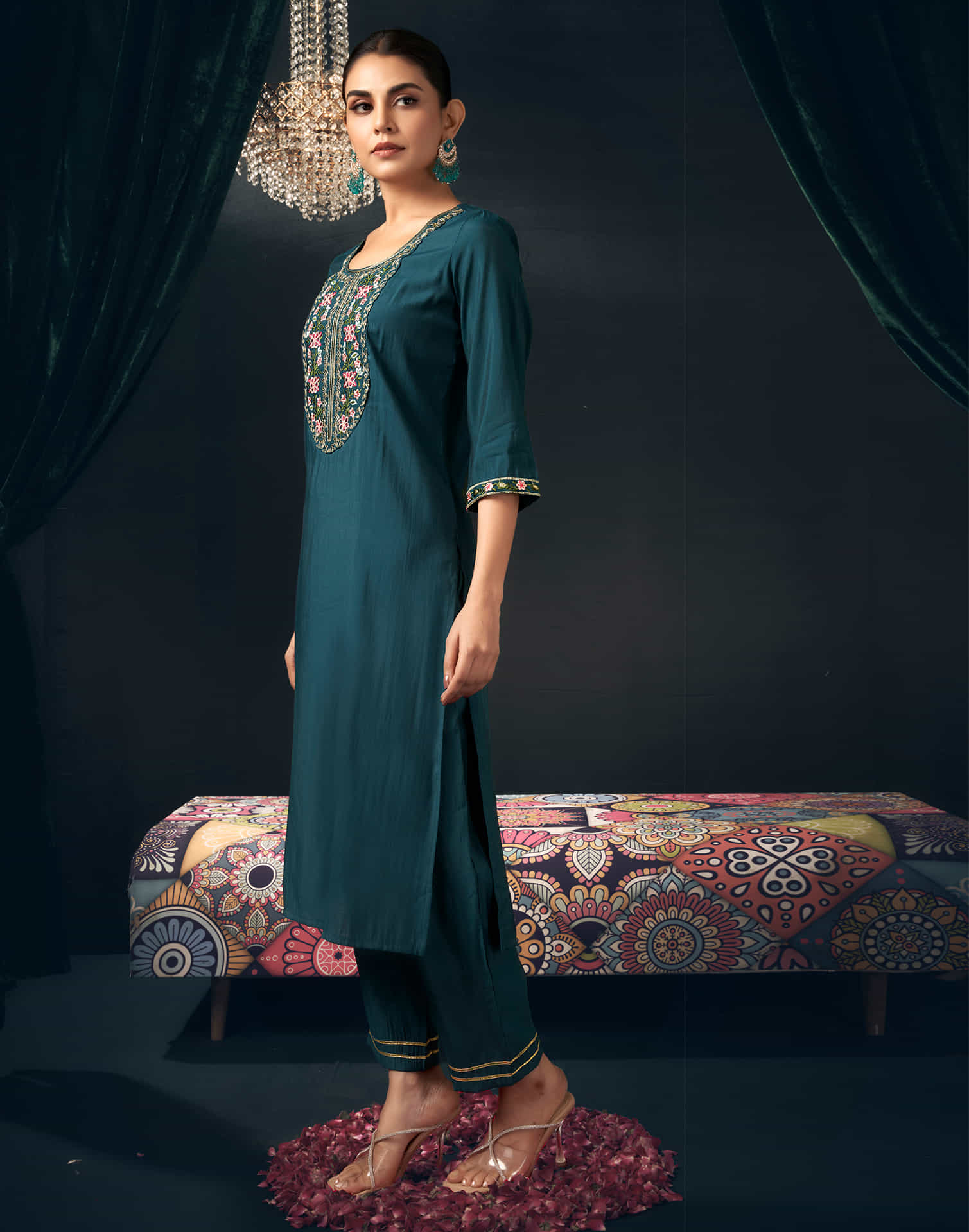 Rama Blue Silk Embroidery Straight Kurta Set with Dupatta