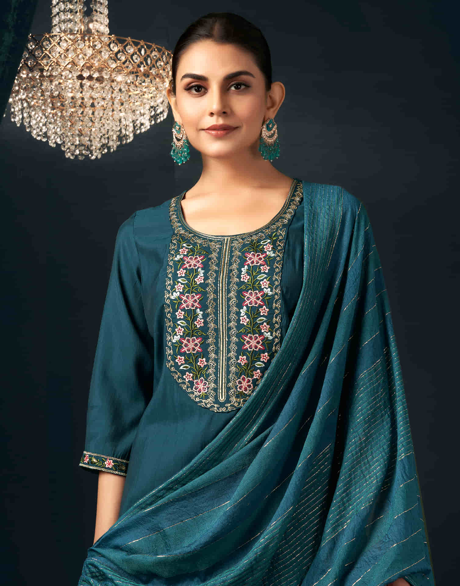 Rama Blue Silk Embroidery Straight Kurta Set with Dupatta