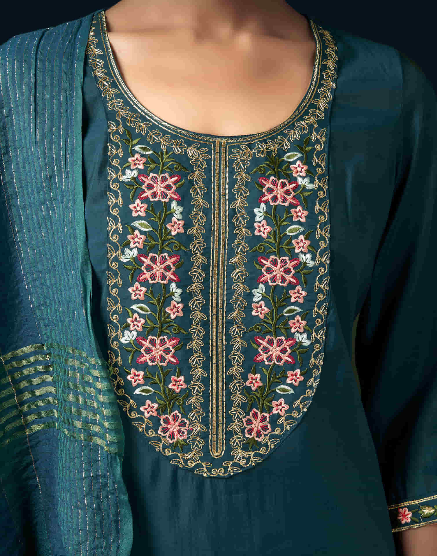 Rama Blue Silk Embroidery Straight Kurta Set with Dupatta