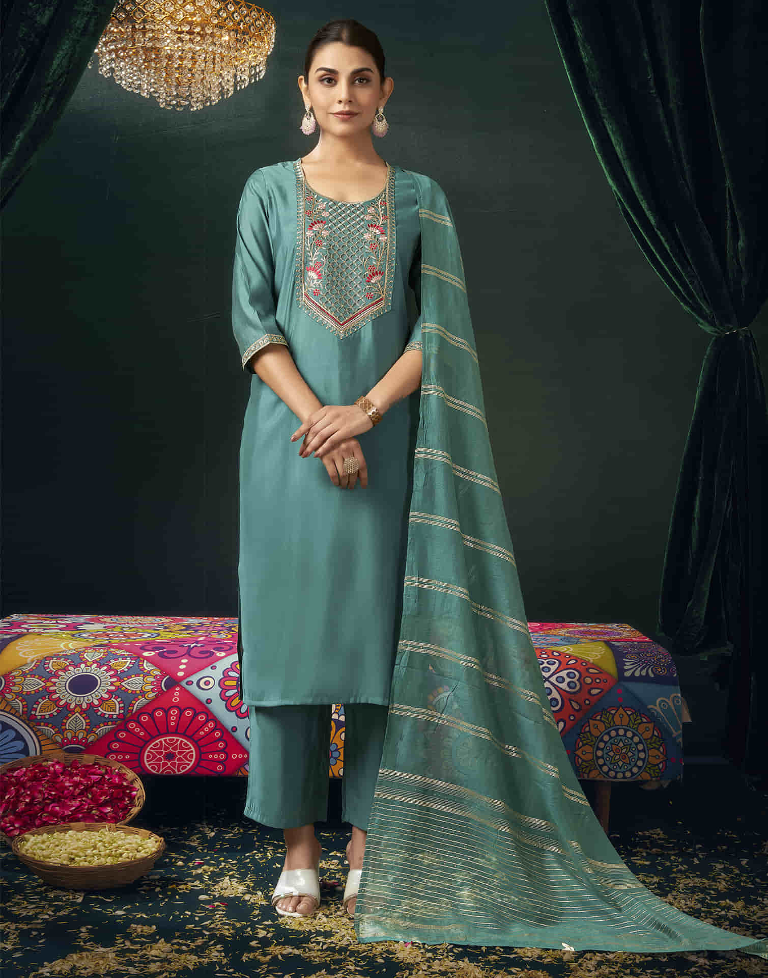 Dusty Teal Green Silk Embroidery Straight Kurta Set with Dupatta