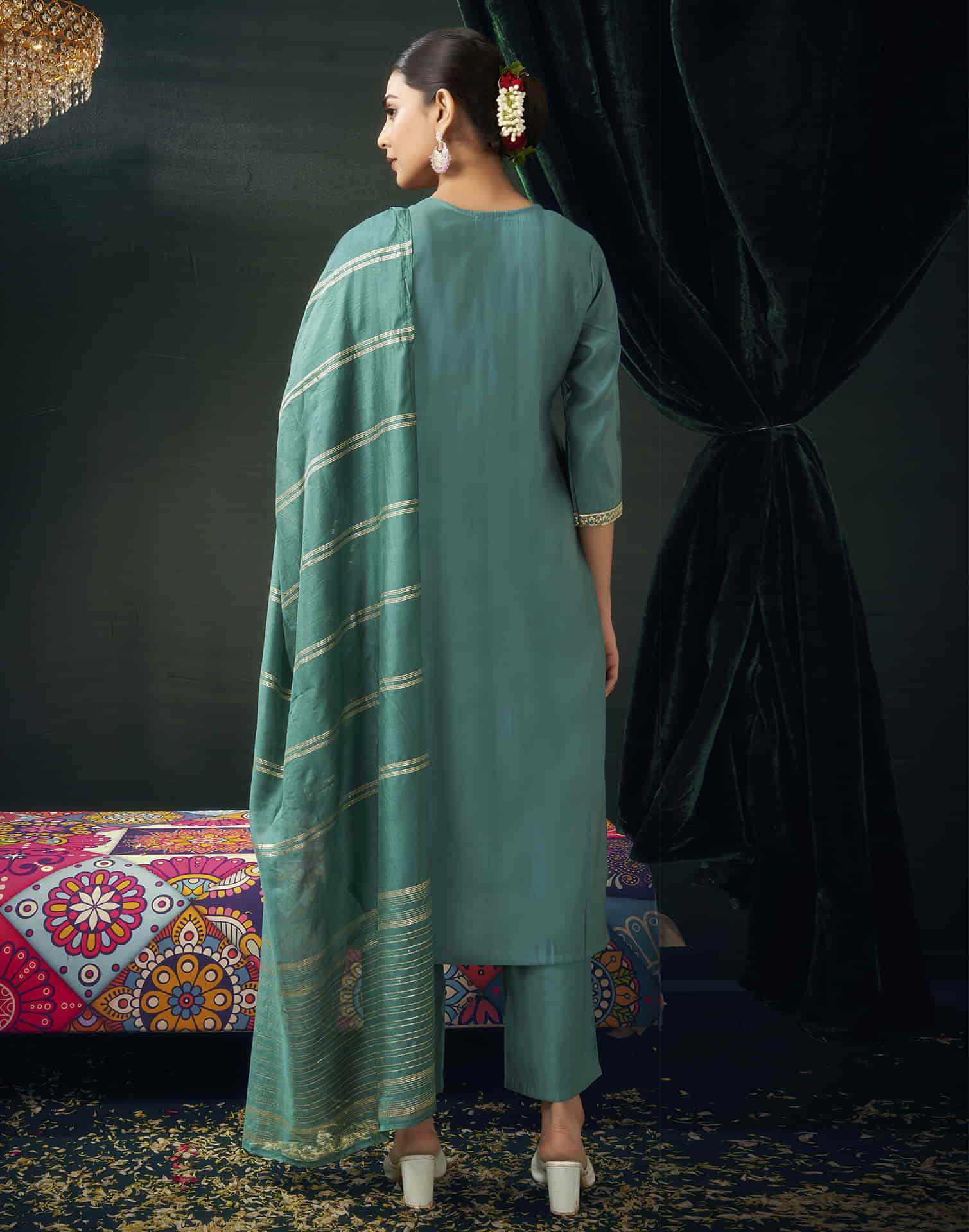 Dusty Teal Green Silk Embroidery Straight Kurta Set with Dupatta
