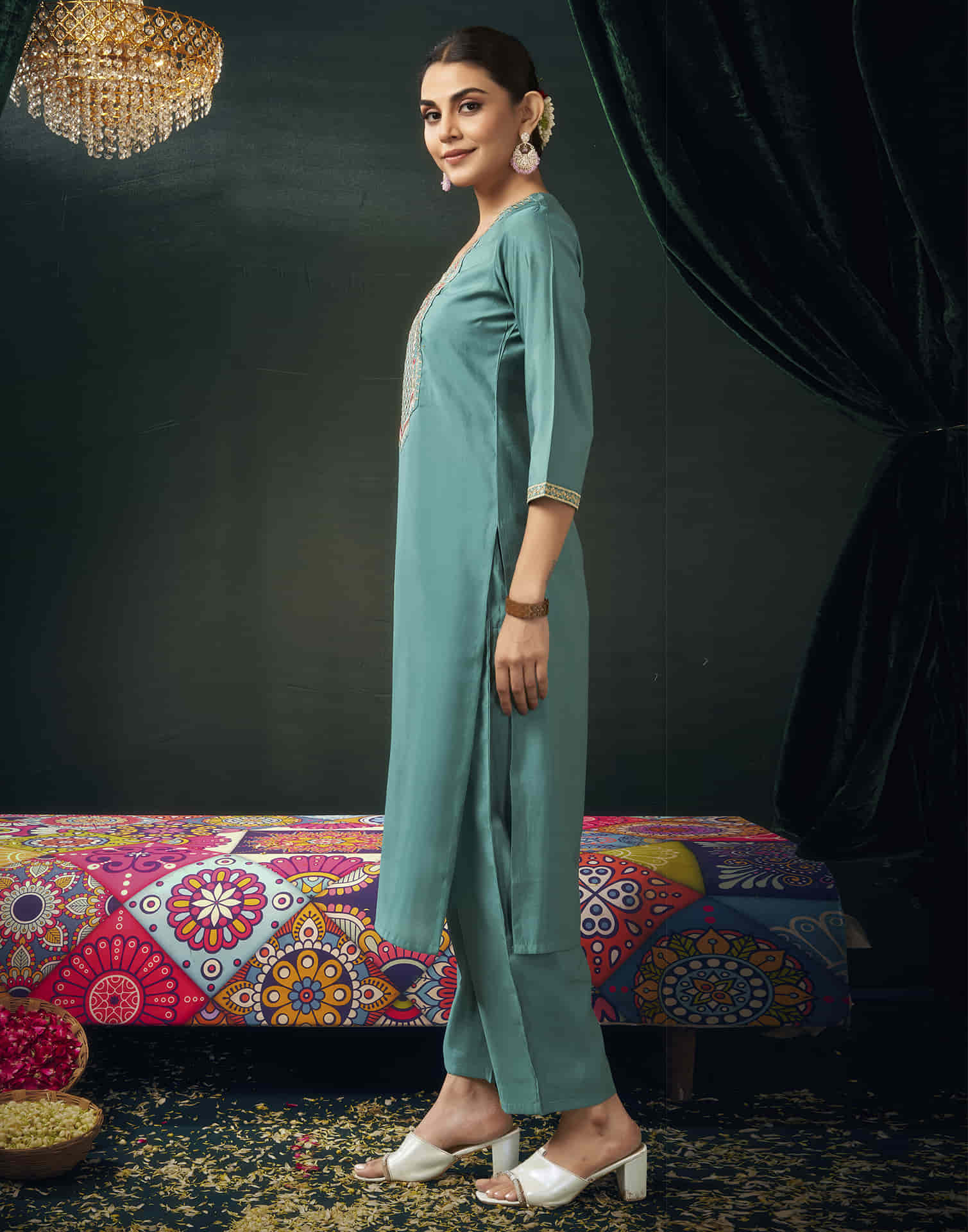 Dusty Teal Green Silk Embroidery Straight Kurta Set with Dupatta