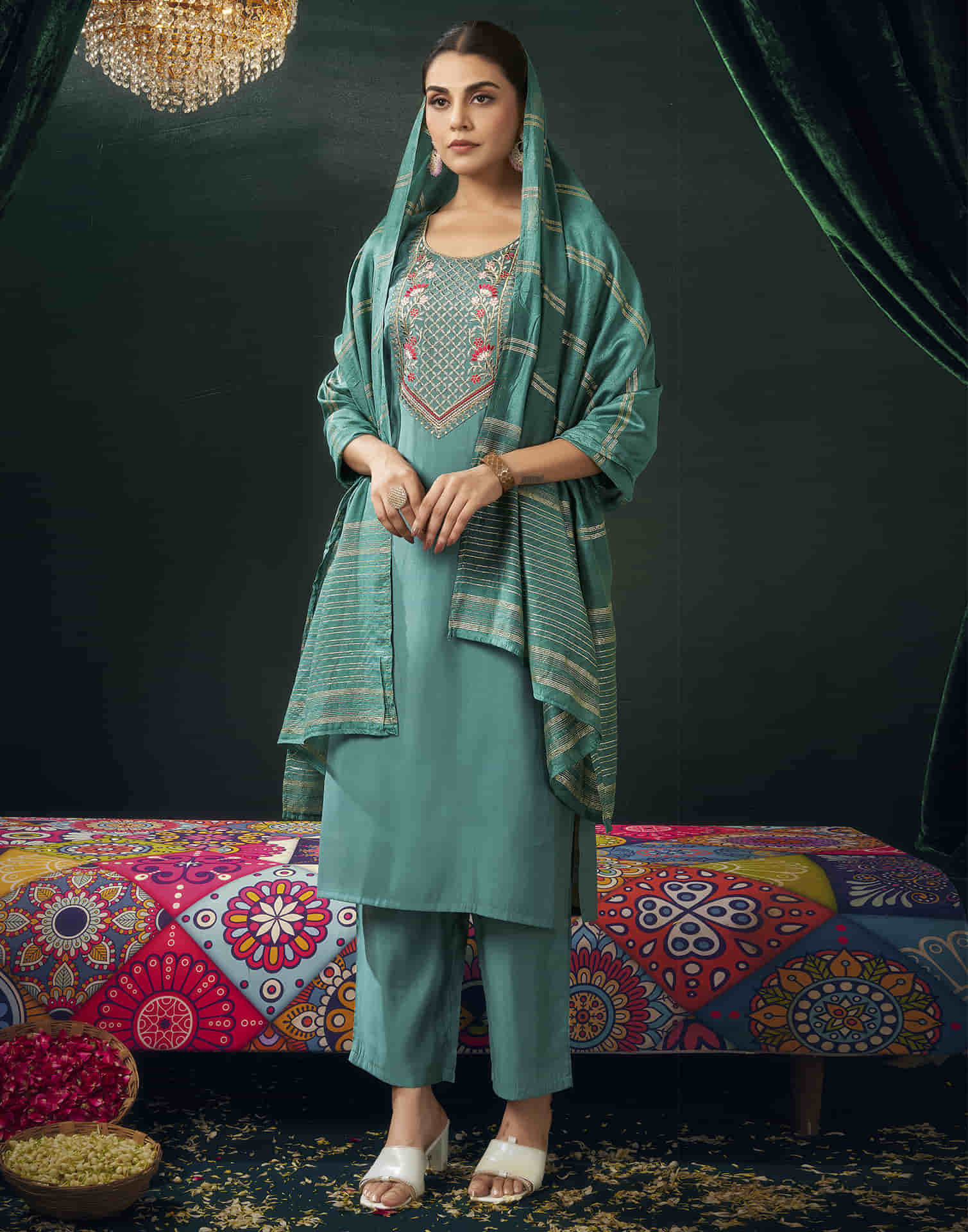 Dusty Teal Green Silk Embroidery Straight Kurta Set with Dupatta