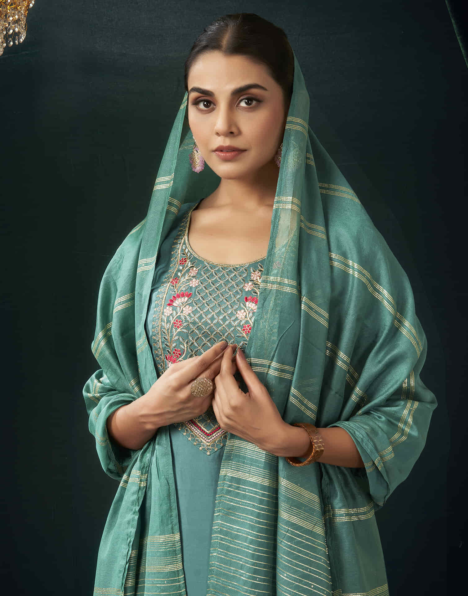 Dusty Teal Green Silk Embroidery Straight Kurta Set with Dupatta