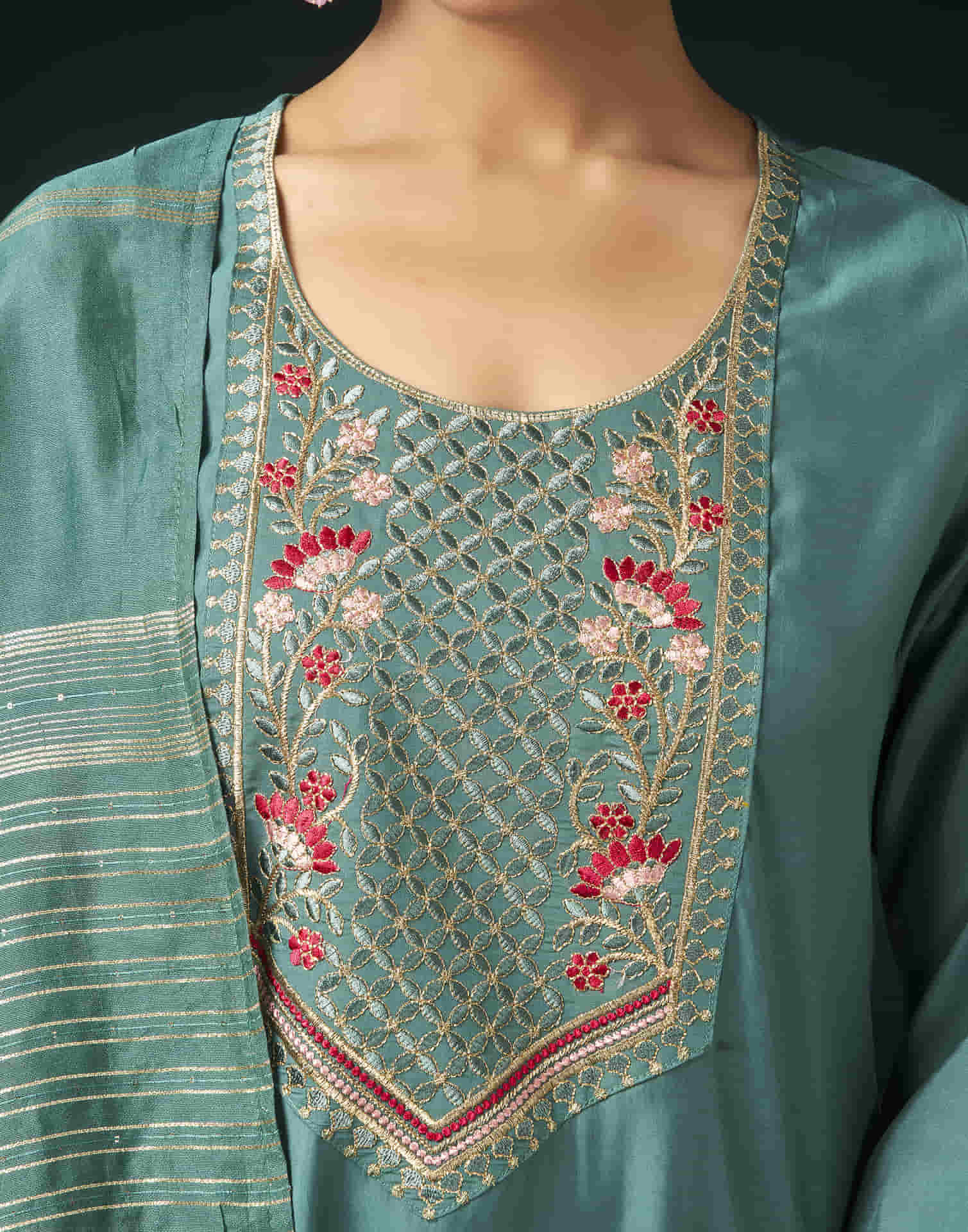 Dusty Teal Green Silk Embroidery Straight Kurta Set with Dupatta