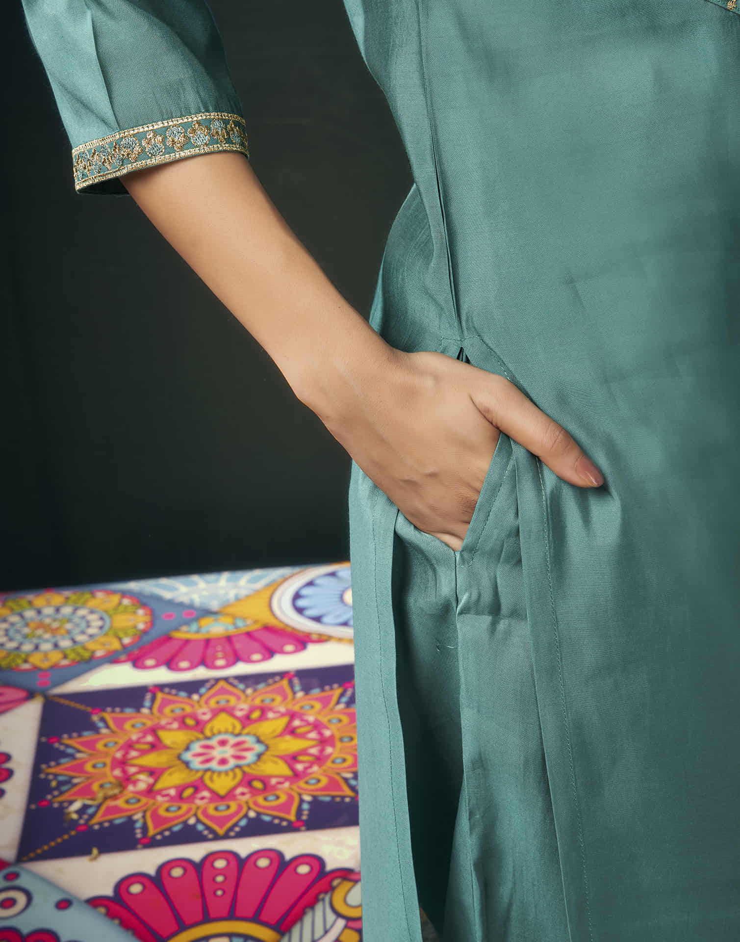 Dusty Teal Green Silk Embroidery Straight Kurta Set with Dupatta