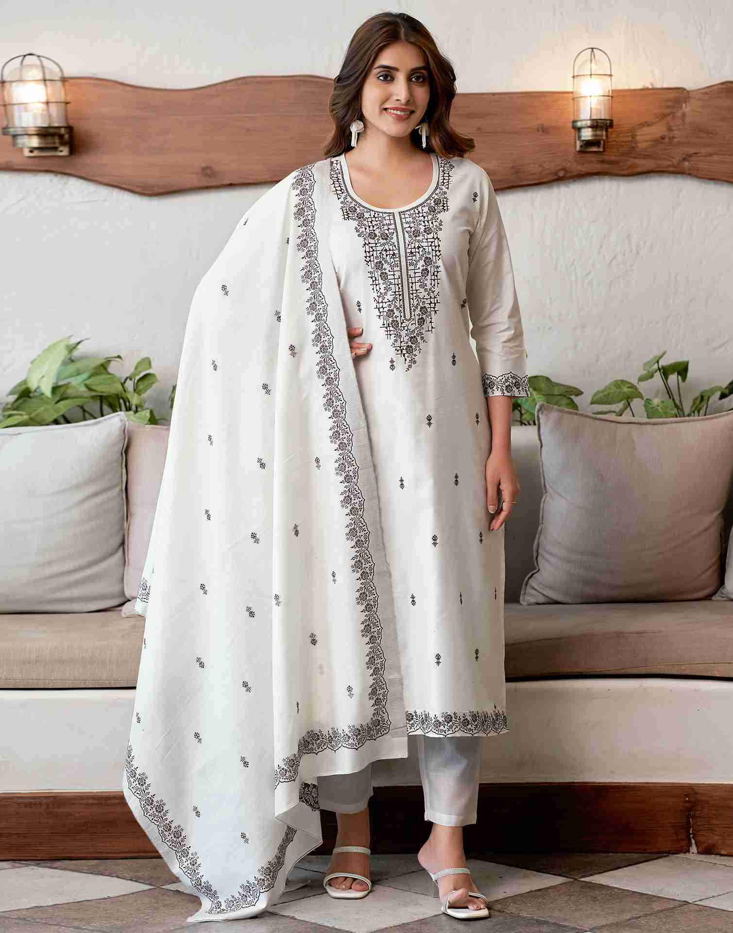 Off White Cotton Woven Straight Kurta With Pant And Dupatta