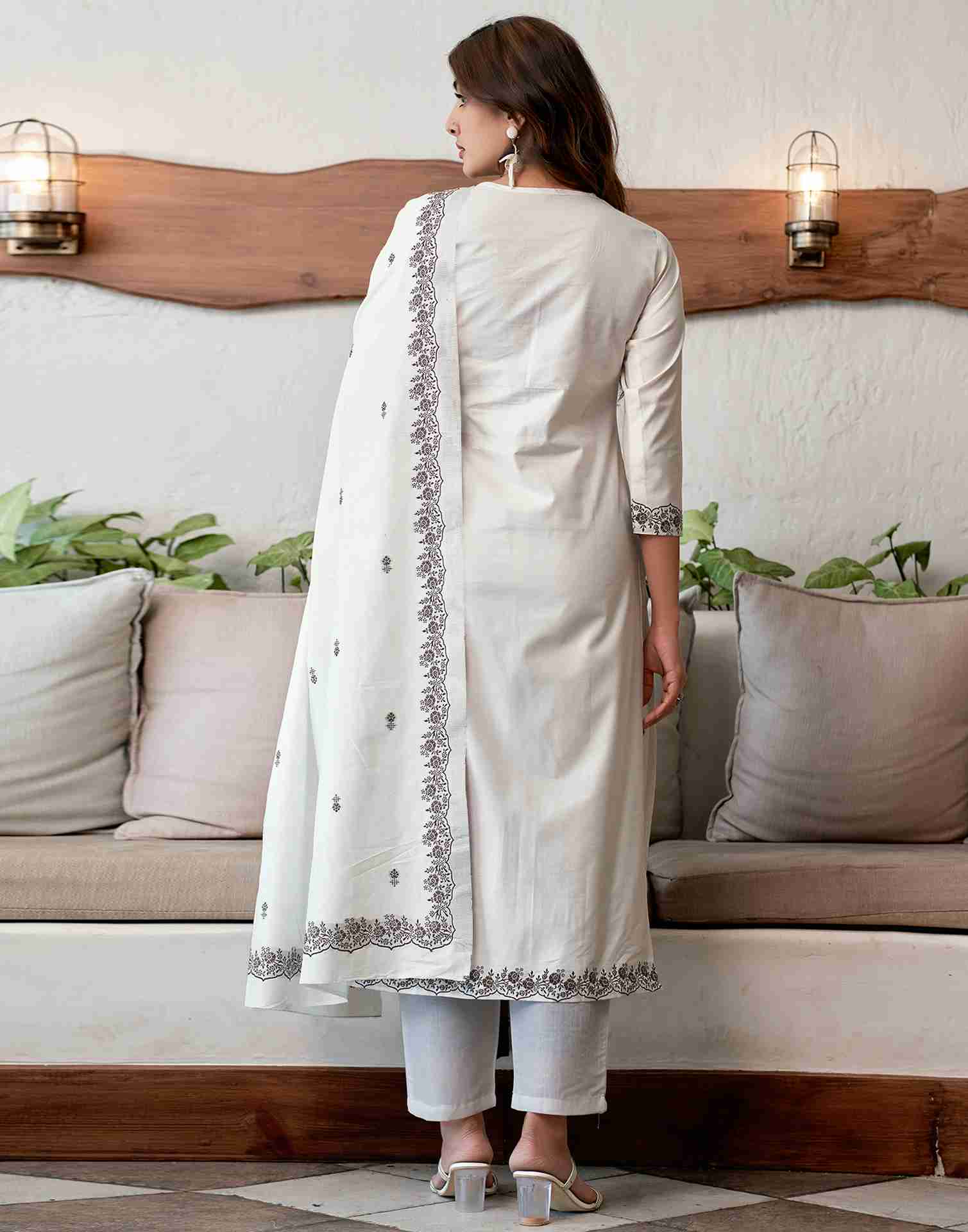 Off White Cotton Woven Straight Kurta With Pant And Dupatta