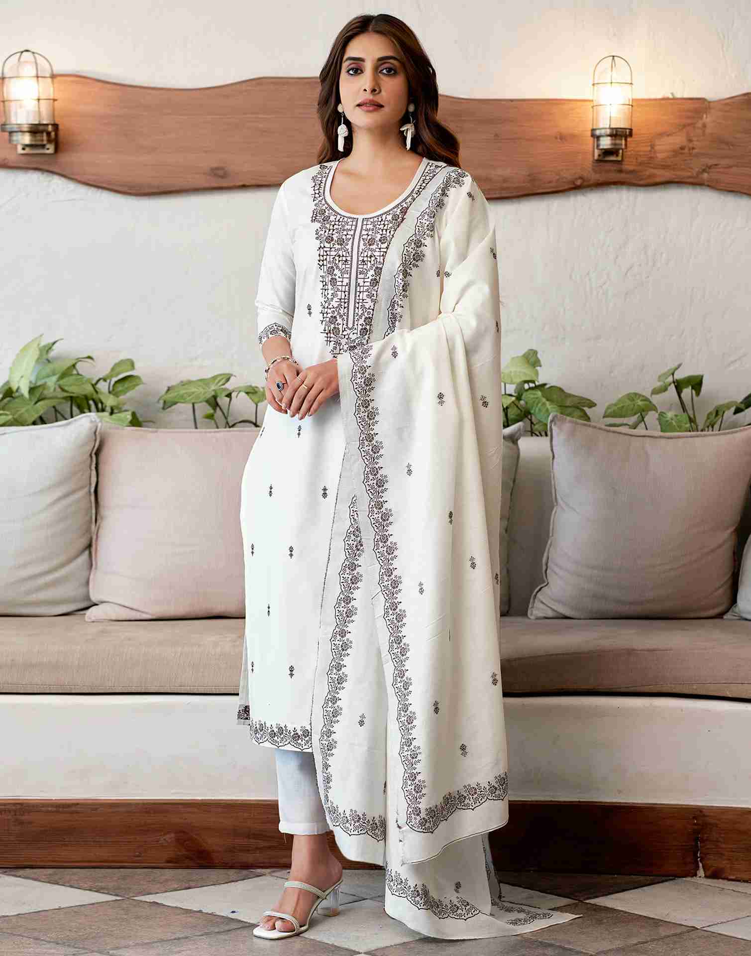 Off White Cotton Woven Straight Kurta With Pant And Dupatta