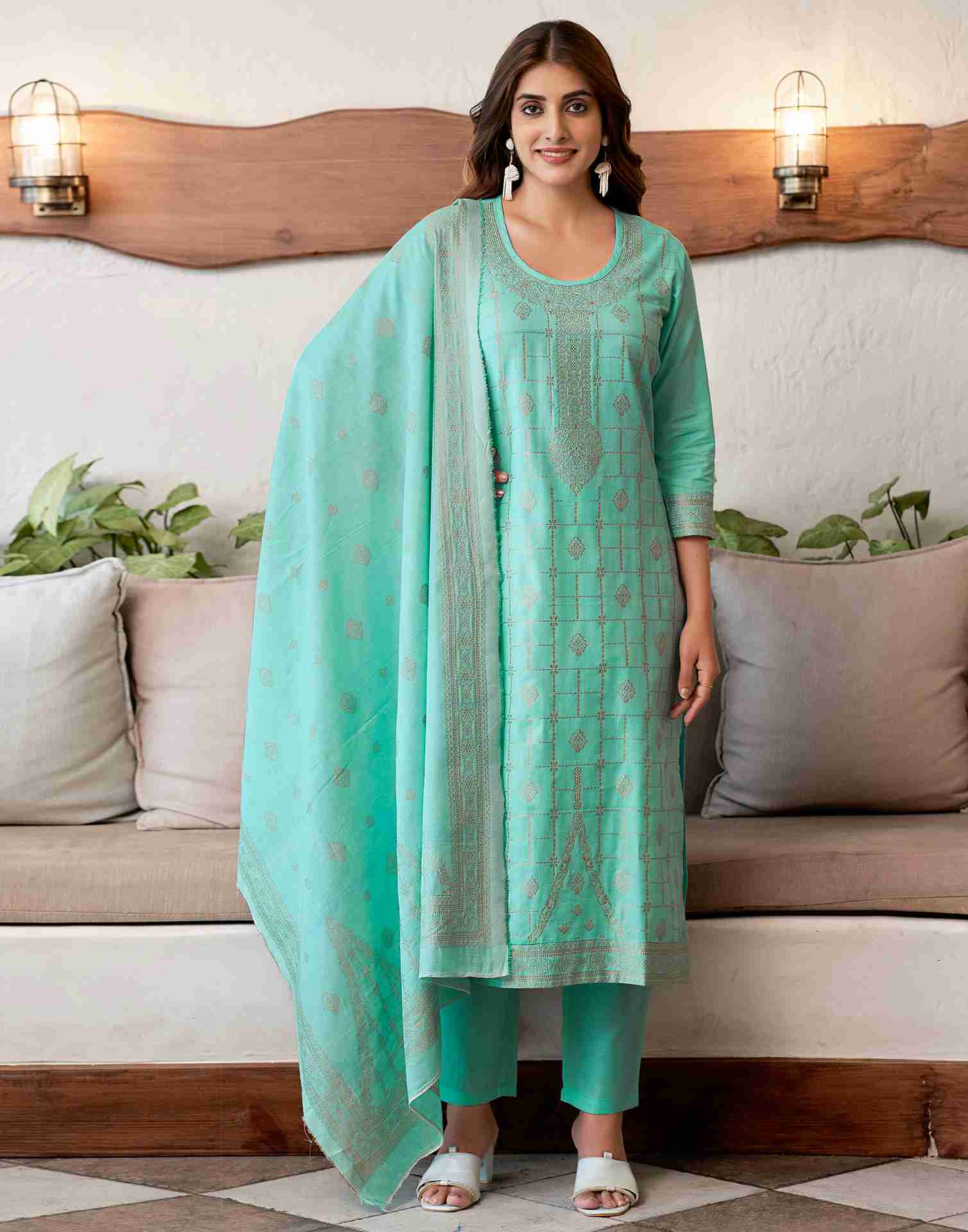 Mint Green Cotton Woven Straight Kurta With Pant And Dupatta