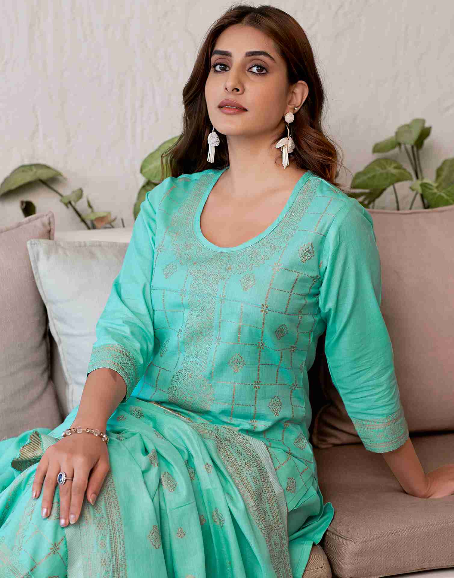 Mint Green Cotton Woven Straight Kurta With Pant And Dupatta