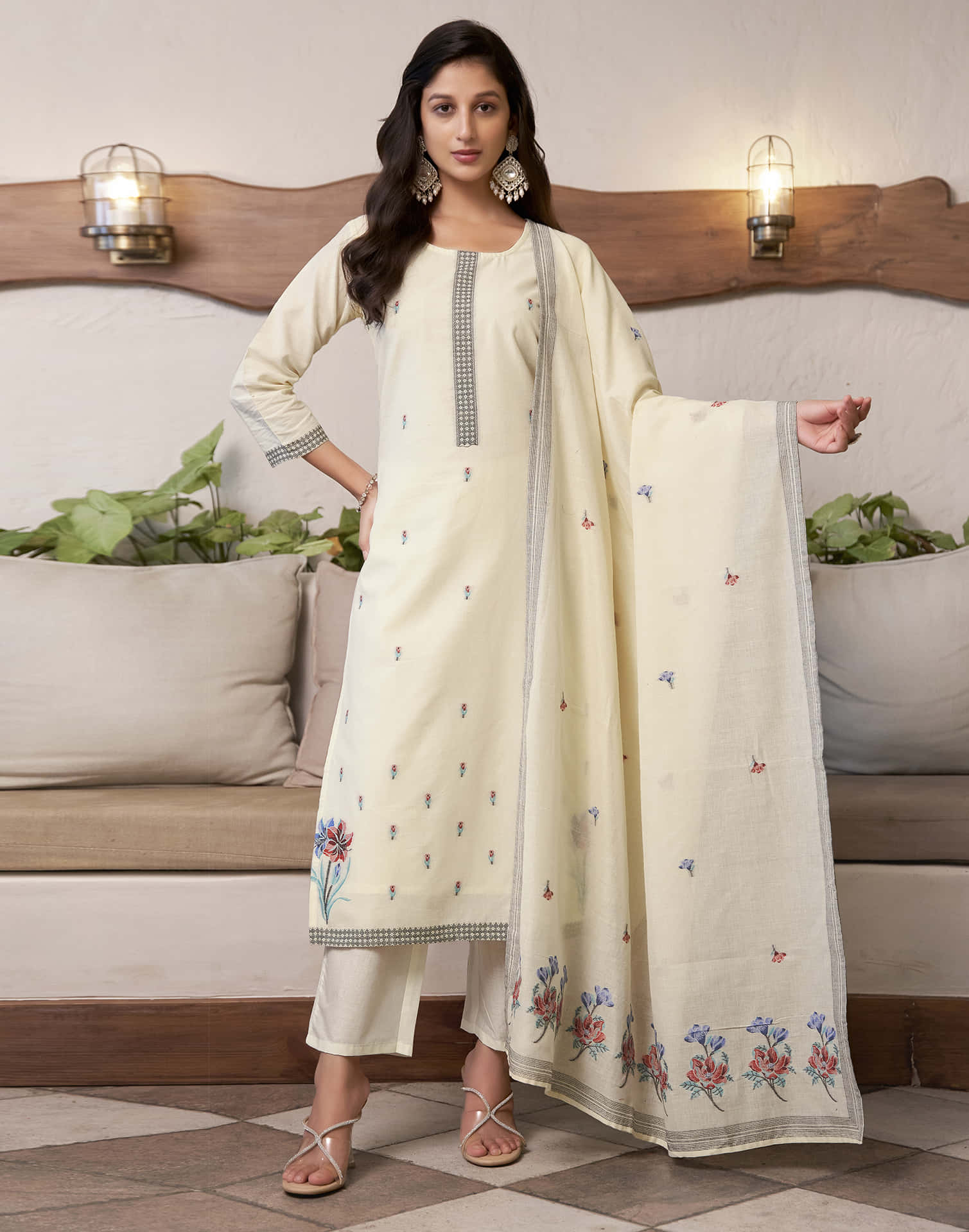 Cream Cotton Jacquard Straight Kurta Set with Dupatta