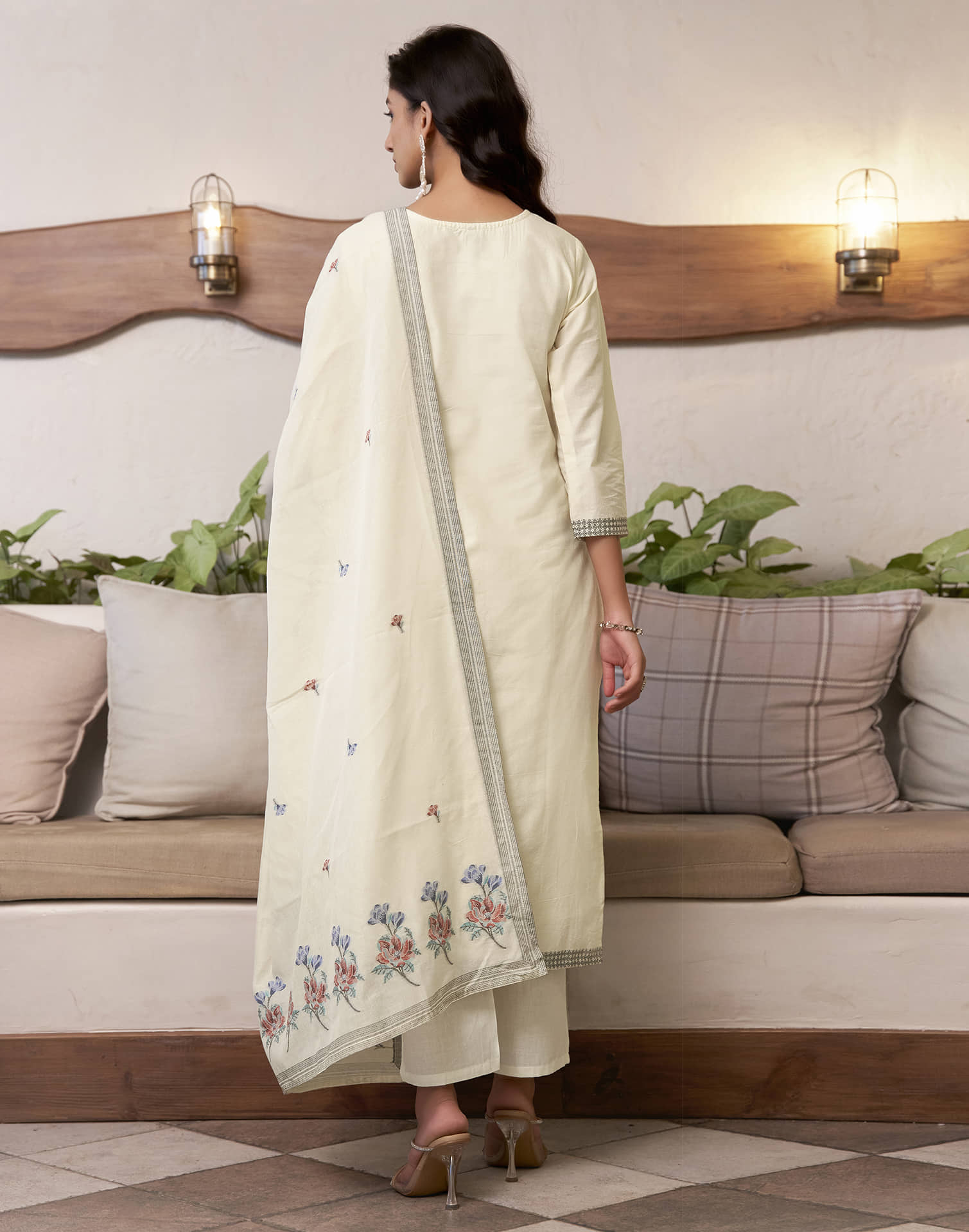 Cream Cotton Jacquard Straight Kurta Set with Dupatta