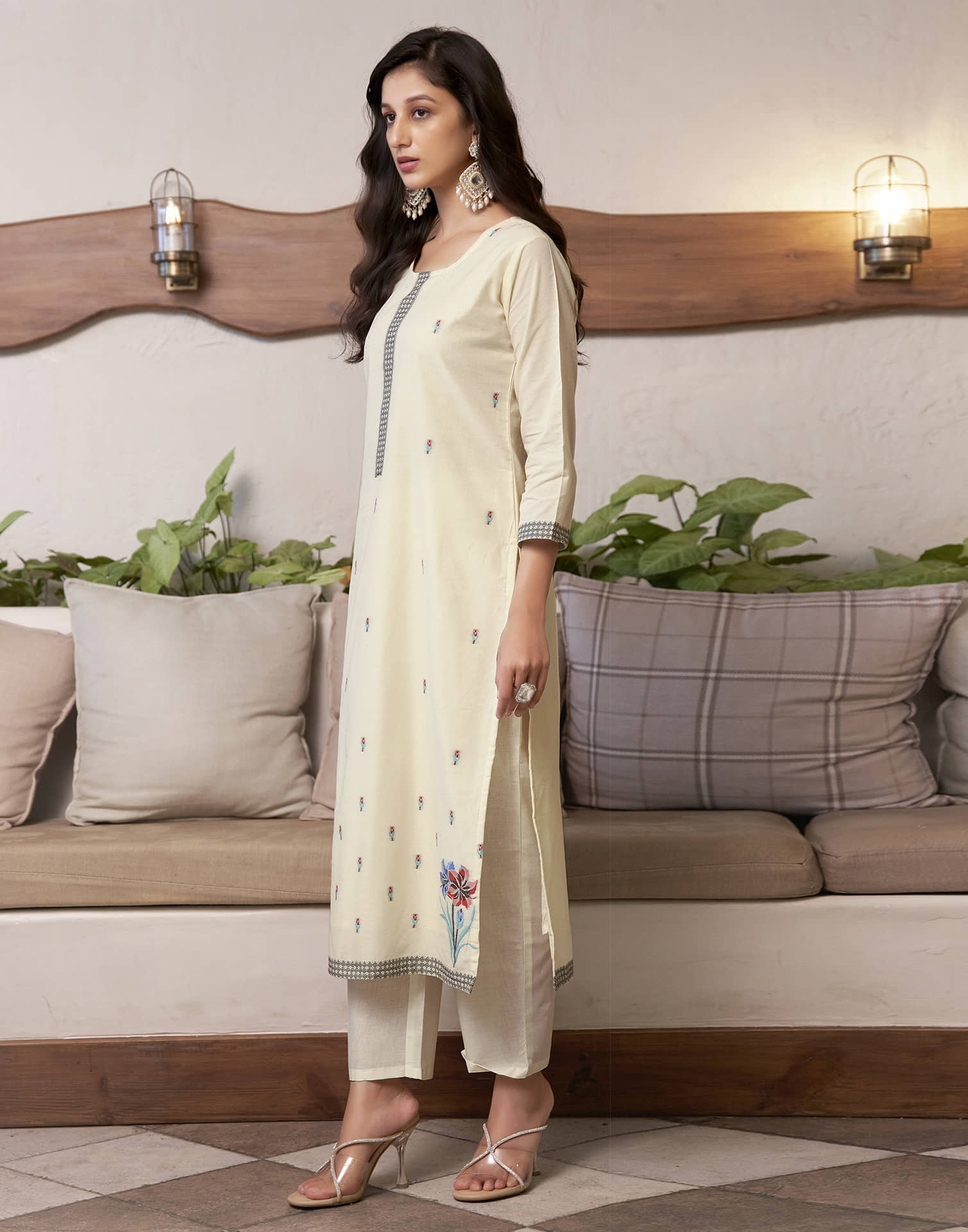 Cream Cotton Jacquard Straight Kurta Set with Dupatta