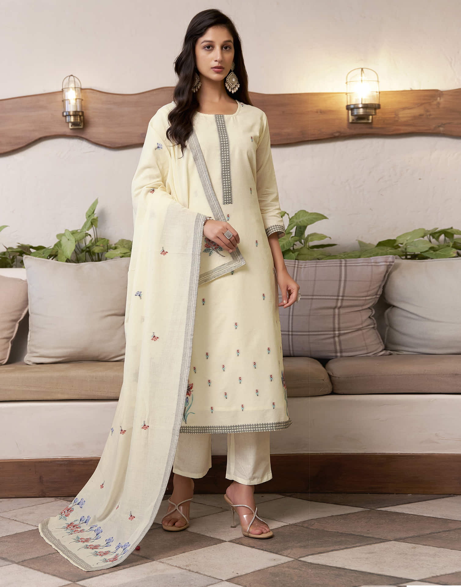 Cream Cotton Jacquard Straight Kurta Set with Dupatta