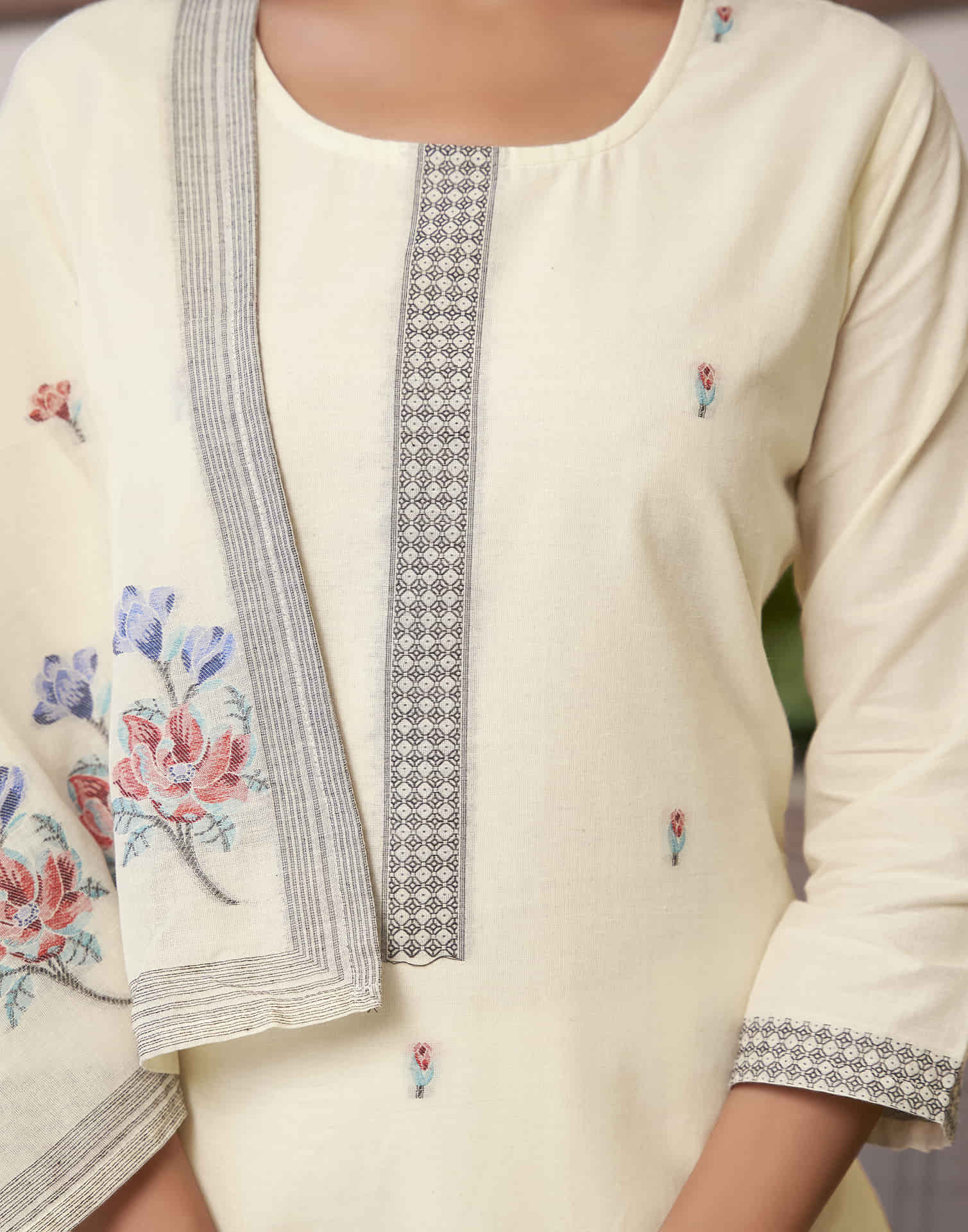 Cream Cotton Jacquard Straight Kurta Set with Dupatta
