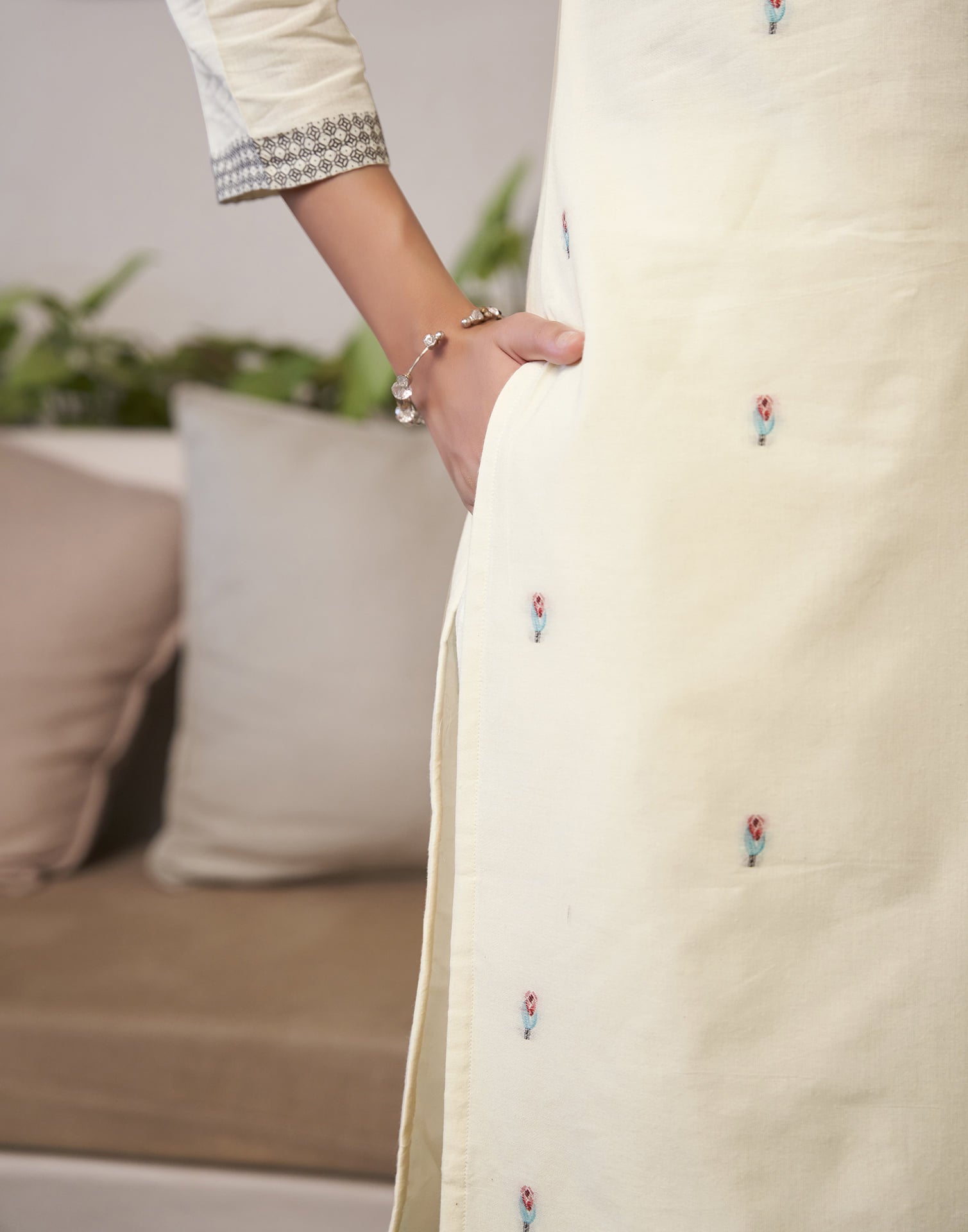 Cream Cotton Jacquard Straight Kurta Set with Dupatta