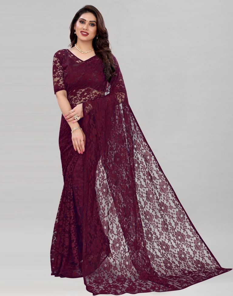 Wine Coloured Russel Net Partywear saree | Sudathi