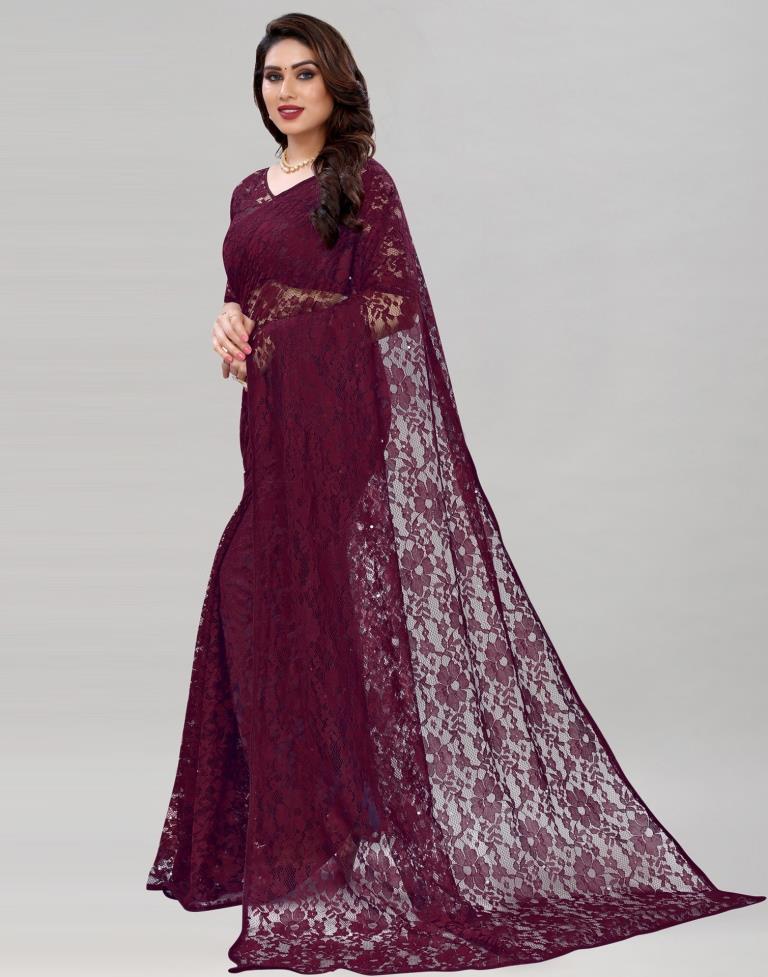 Wine Coloured Russel Net Partywear saree | Sudathi