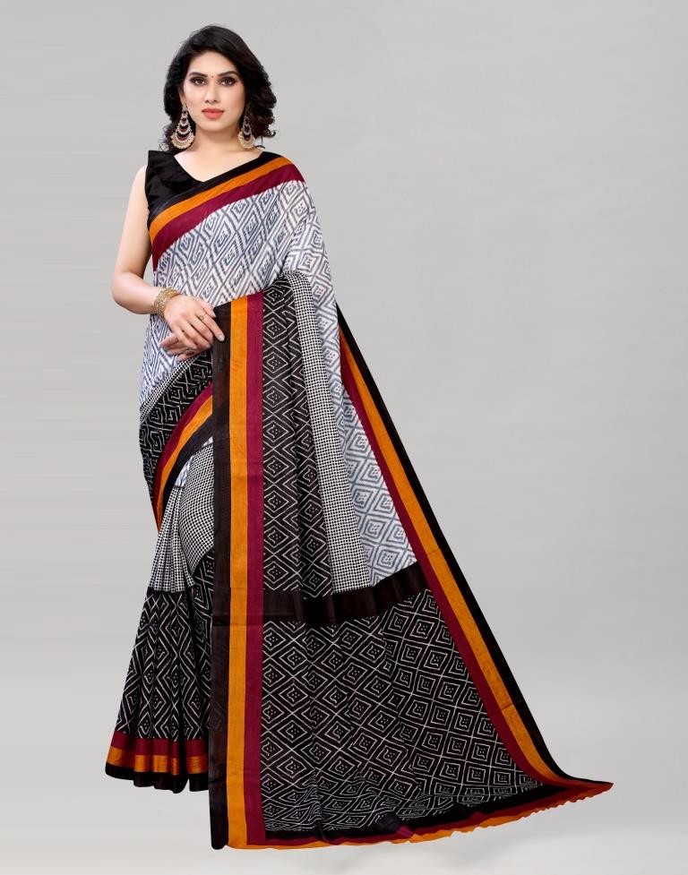 Black And White Coloured Cotton Printed Saree | Sudathi