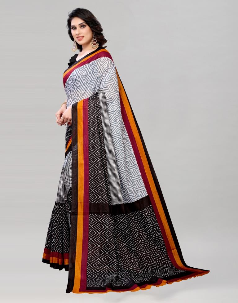 Black And White Coloured Cotton Printed Saree | Sudathi
