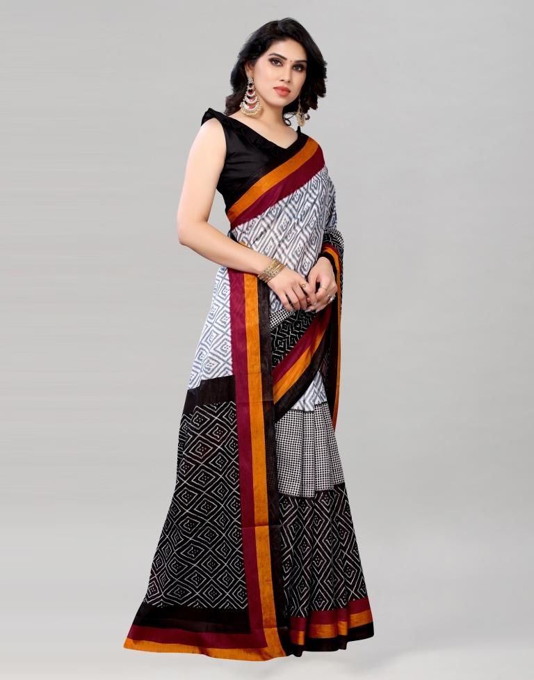 Black And White Coloured Cotton Printed Saree | Sudathi