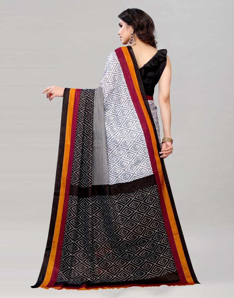Black And White Coloured Cotton Printed Saree | Sudathi