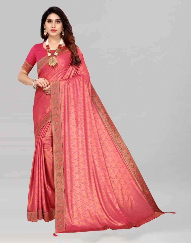 Cerise Pink Coloured Lycra Foil Printed Saree | Sudathi