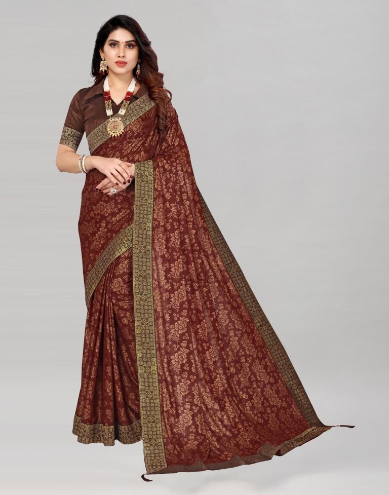 Brown Coloured Lycra Foil Printed Saree | Sudathi