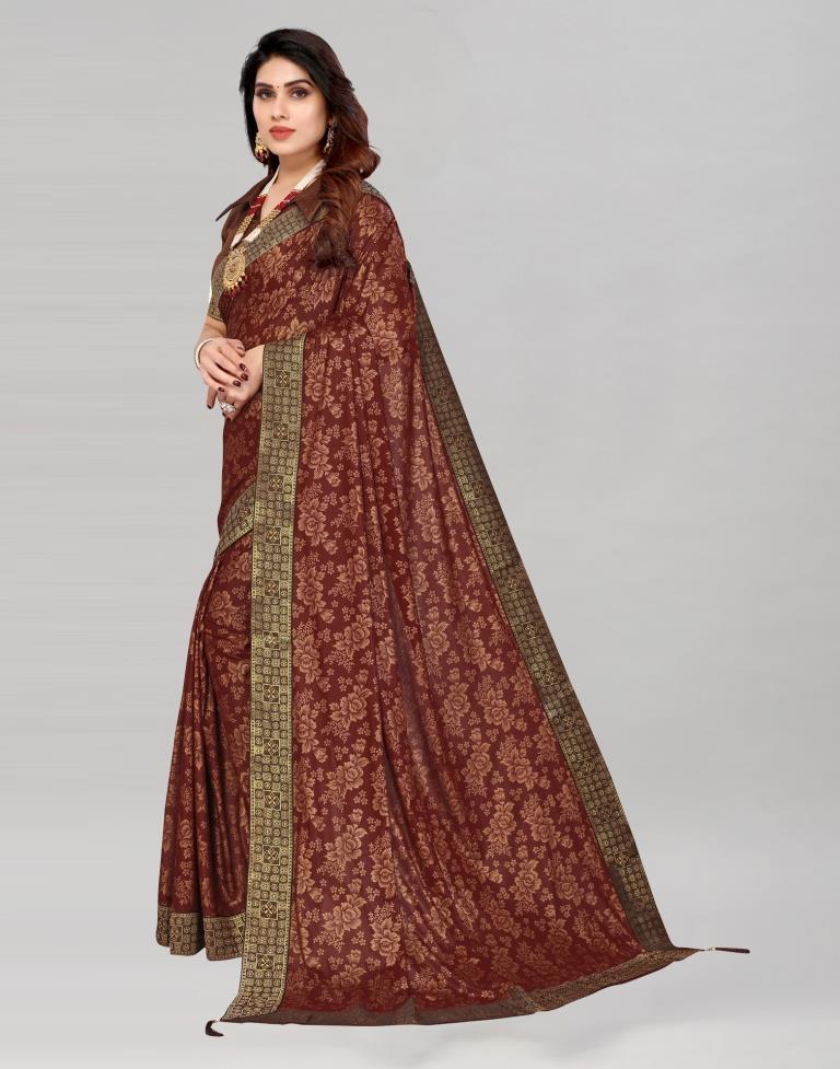 Brown Coloured Lycra Foil Printed Saree | Sudathi