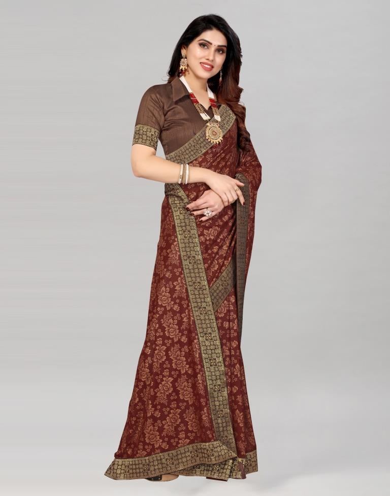 Brown Coloured Lycra Foil Printed Saree | Sudathi