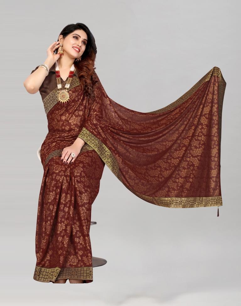 Brown Coloured Lycra Foil Printed Saree | Sudathi