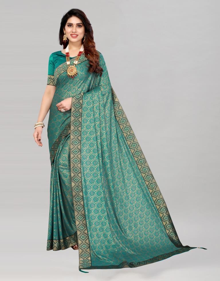 Teal Blue Coloured Lycra Foil Printed Saree | Sudathi