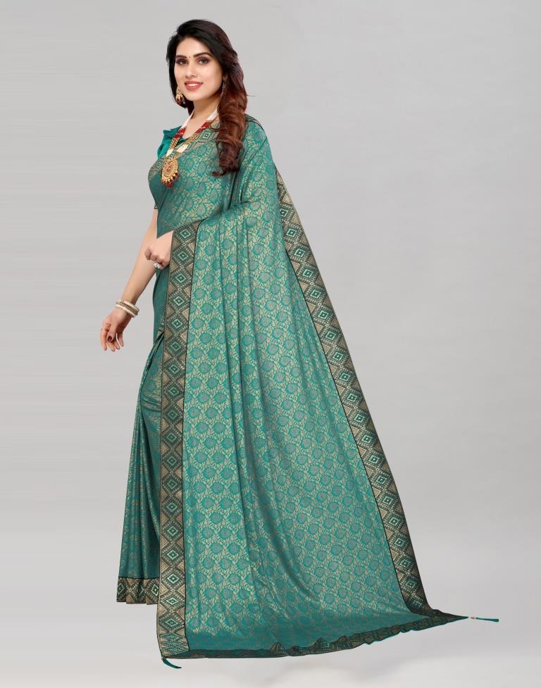 Teal Blue Coloured Lycra Foil Printed Saree | Sudathi