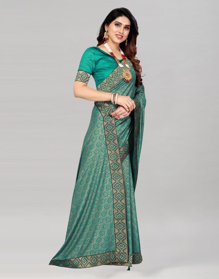 Teal Blue Coloured Lycra Foil Printed Saree | Sudathi