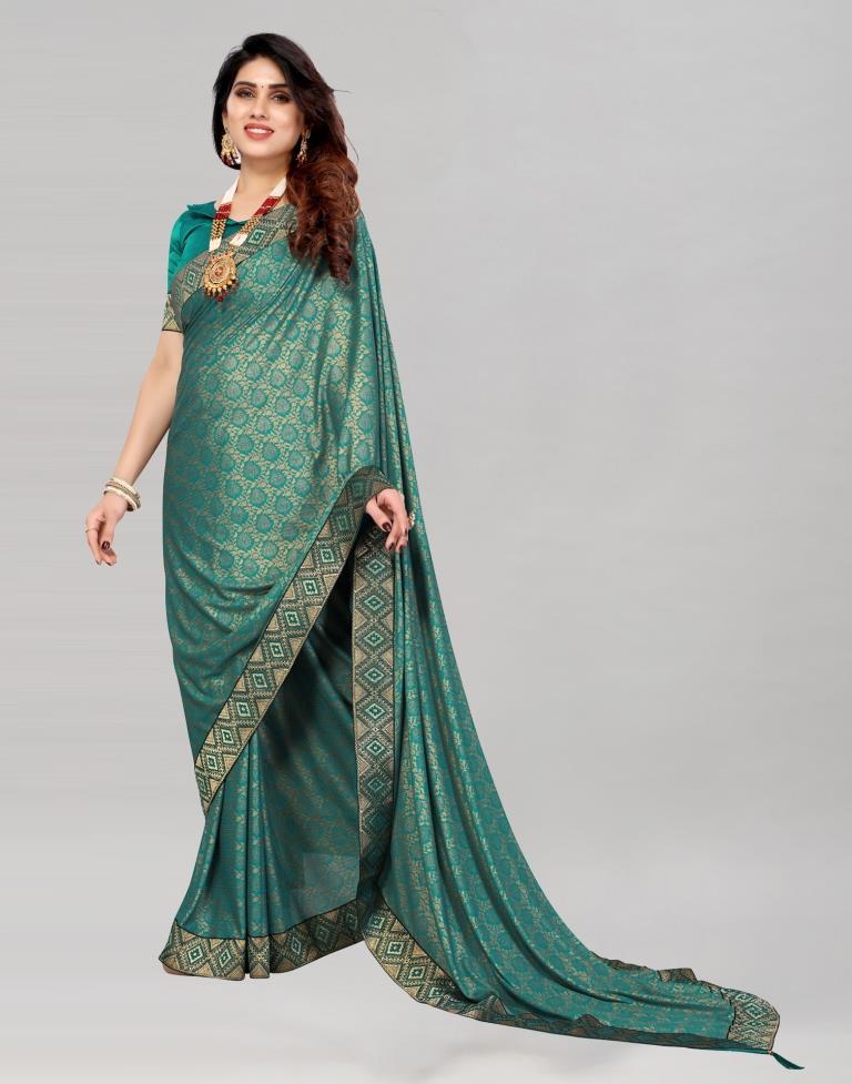 Teal Blue Coloured Lycra Foil Printed Saree | Sudathi