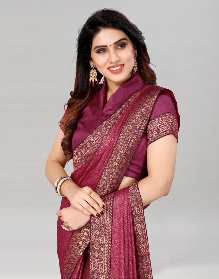 Wine Coloured Lycra Foil Printed Saree | Sudathi