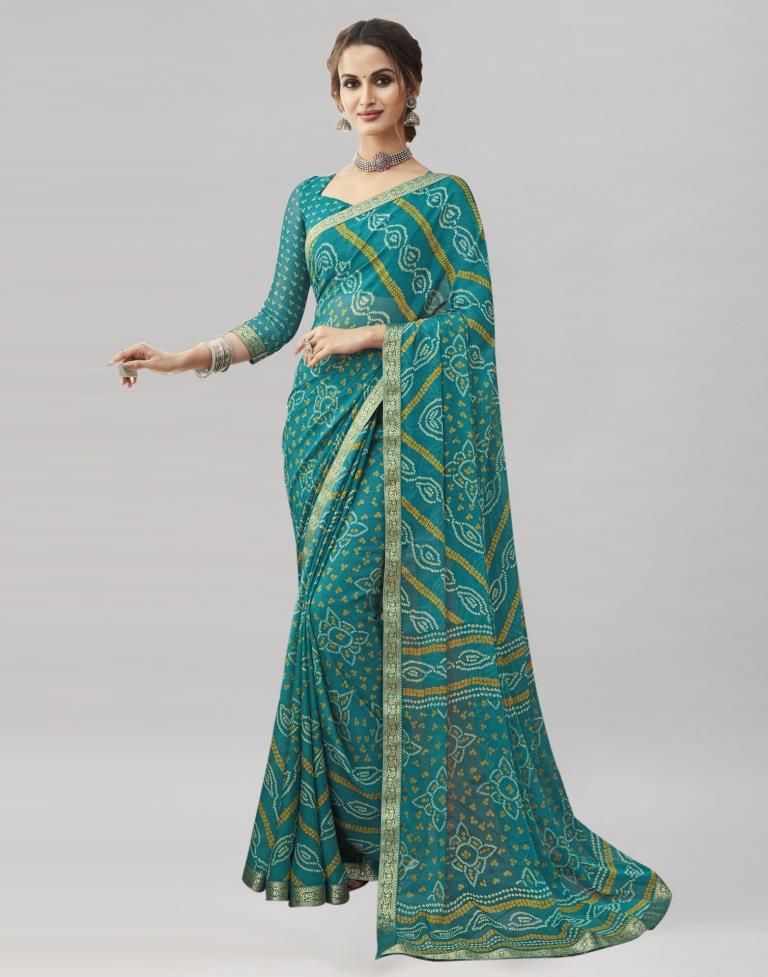 Rama Coloured Chiffon Bandhani Printed Saree | Sudathi