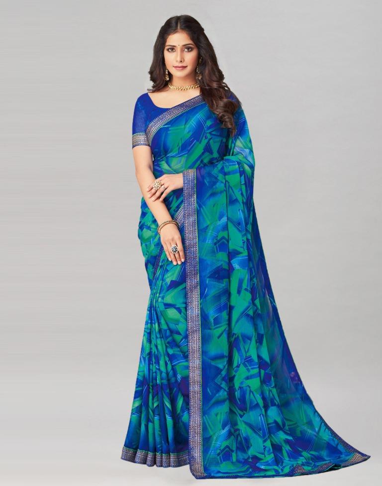 Blue Coloured Chiffon Geometric Printed Saree | Sudathi