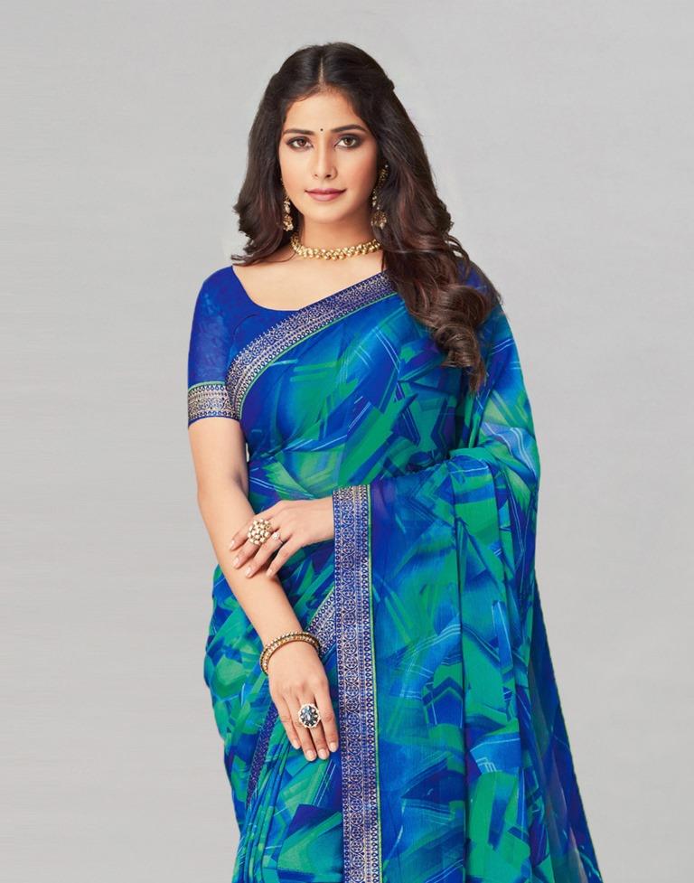 Blue Coloured Chiffon Geometric Printed Saree | Sudathi