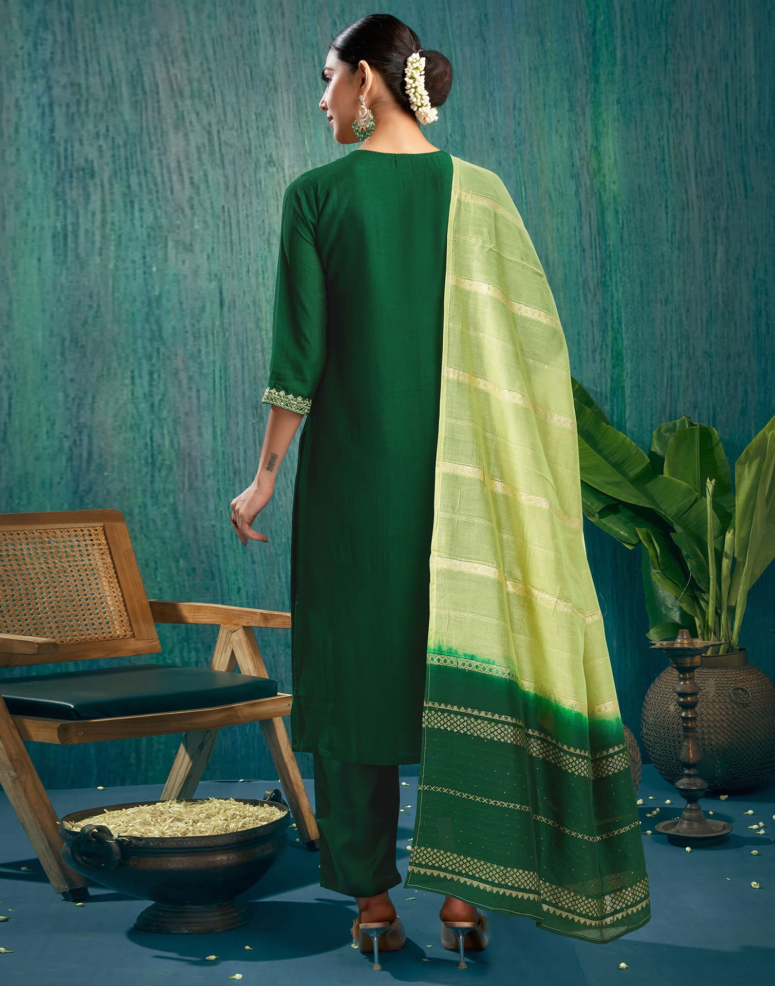 Dark Green Silk Embroidery Straight Kurta Set With Dupatta