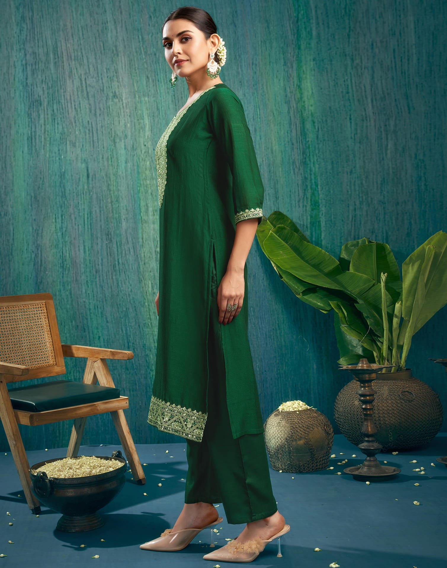 Dark Green Silk Embroidery Straight Kurta Set With Dupatta