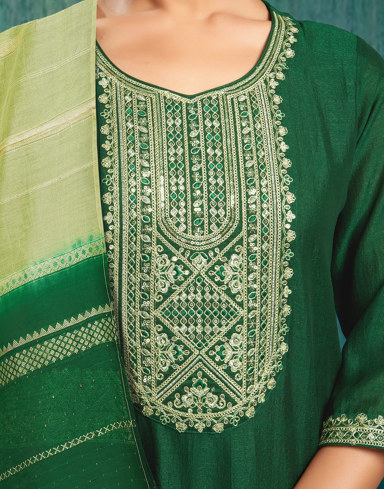 Dark Green Silk Embroidery Straight Kurta Set With Dupatta