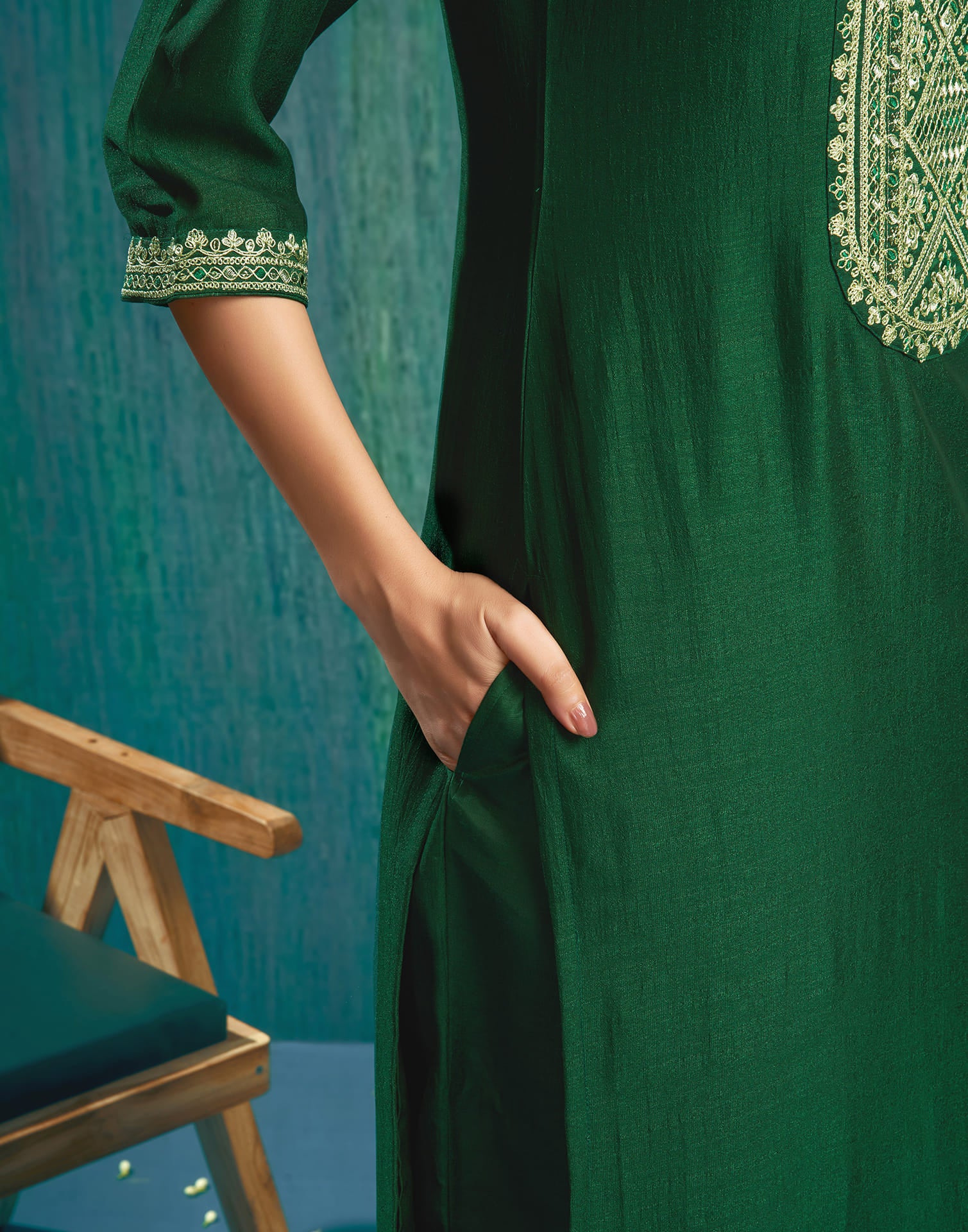 Dark Green Silk Embroidery Straight Kurta Set With Dupatta