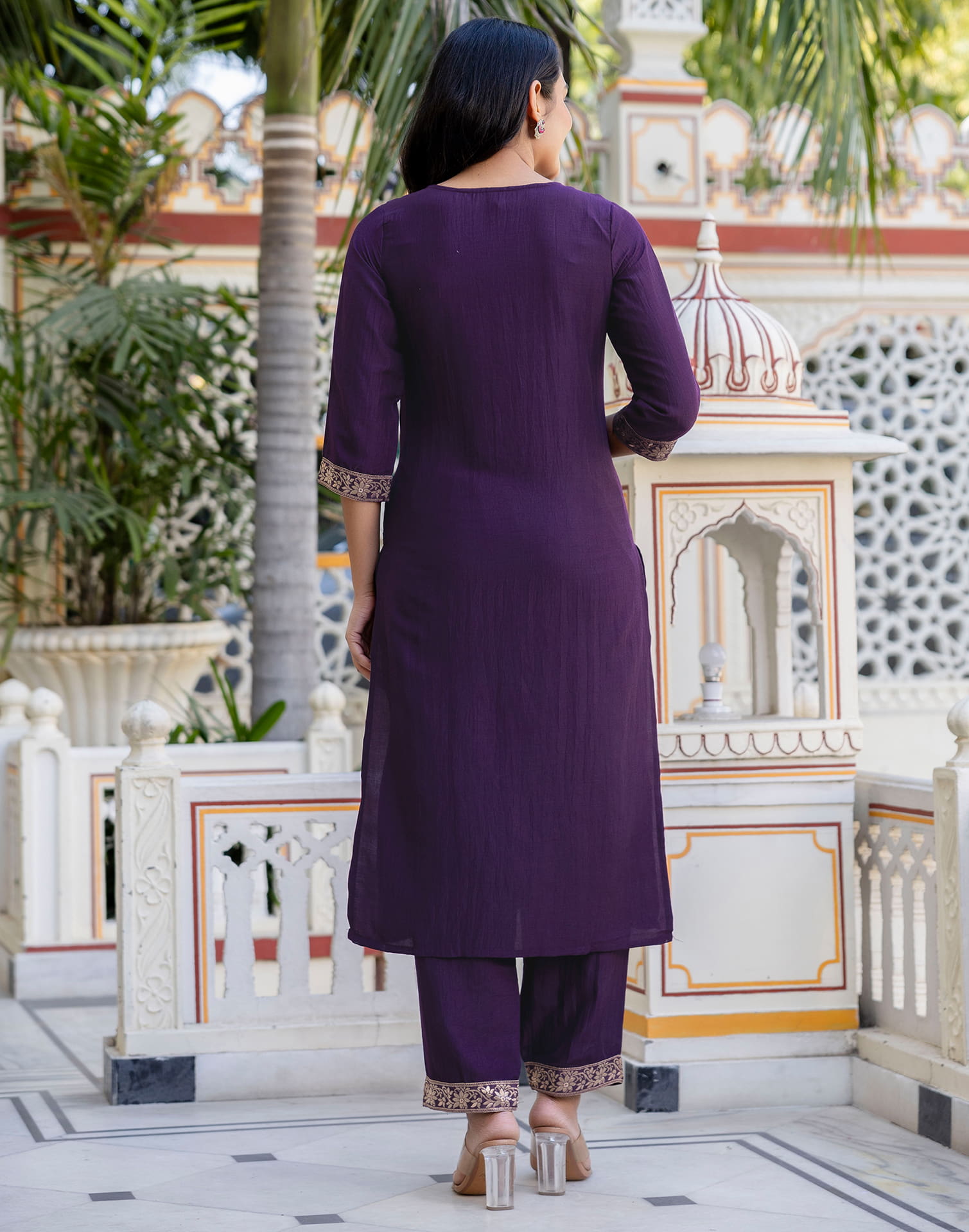 Dark Purple Chinnon Woven Straight Kurta Set With Dupatta