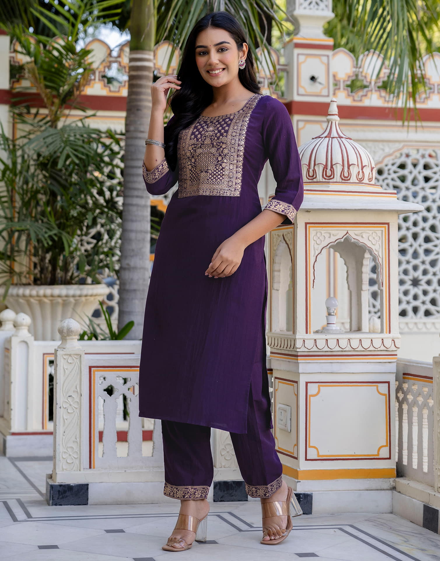 Dark Purple Chinnon Woven Straight Kurta Set With Dupatta
