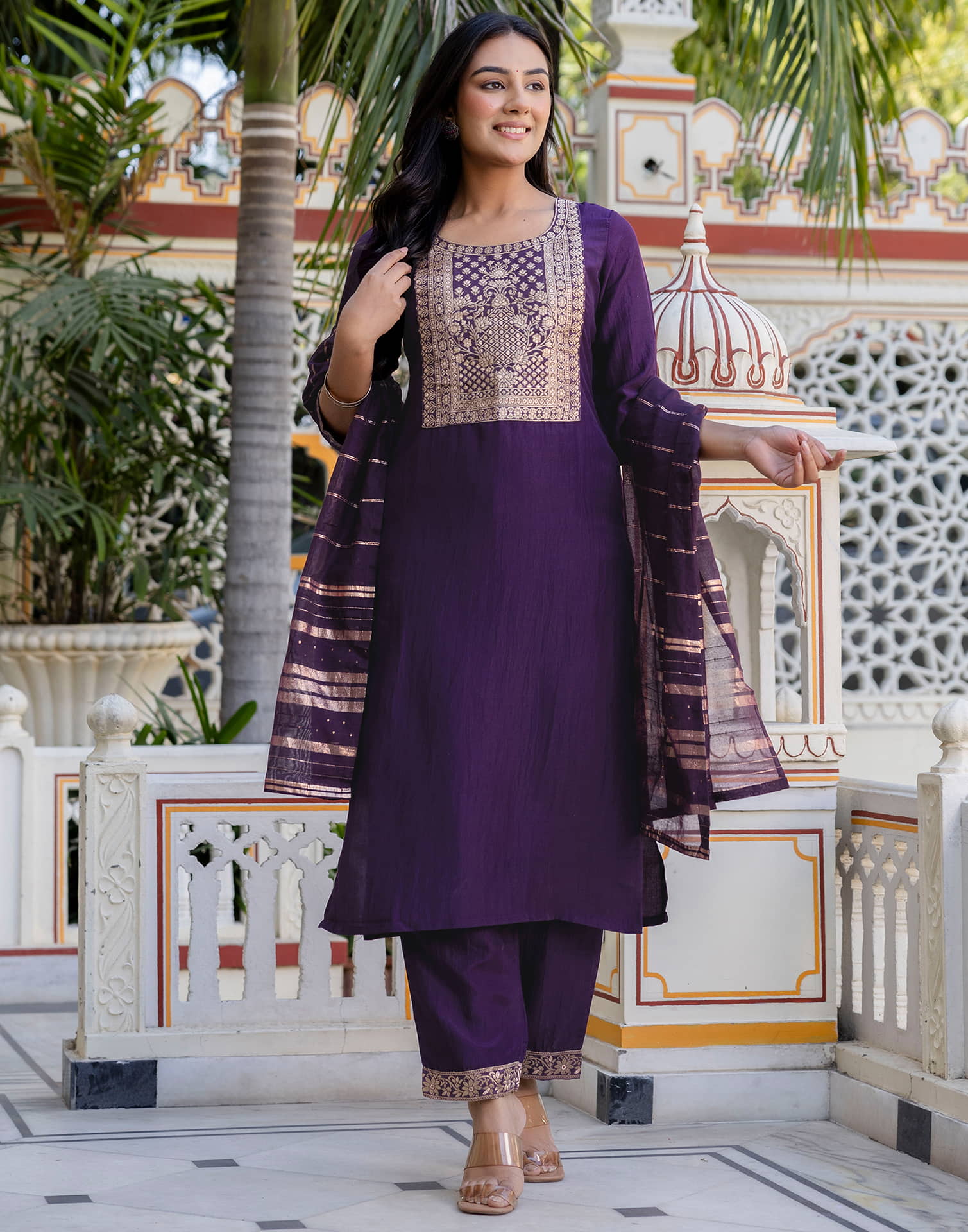 Dark Purple Chinnon Woven Straight Kurta Set With Dupatta